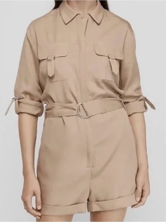 Express Pants - Express Beige Utility Short Sleeve Belted Romper